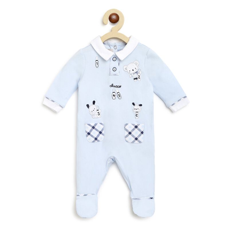 Boys Light Blue Printed Nappy Opening Babysuit image number null